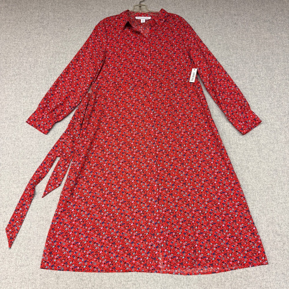 Amazon Essentials Shirt Dress Medium Red Floral Long Sleeve Button Down Tie Belt